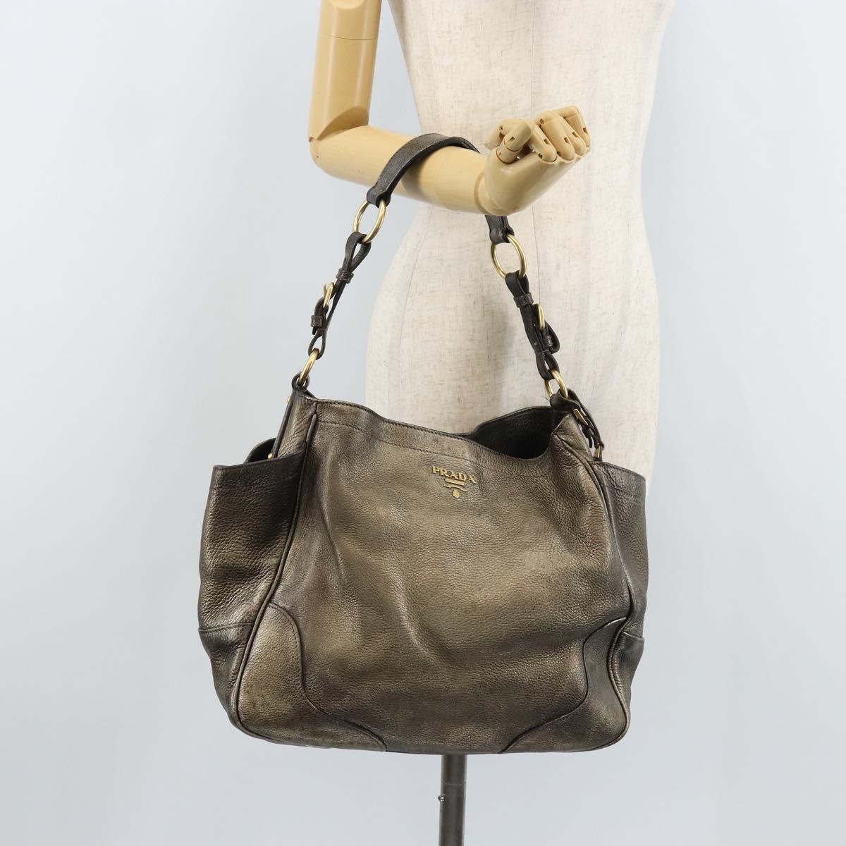 PRADA Shoulder Bag Leather Metallic Gold Auth bs33425
