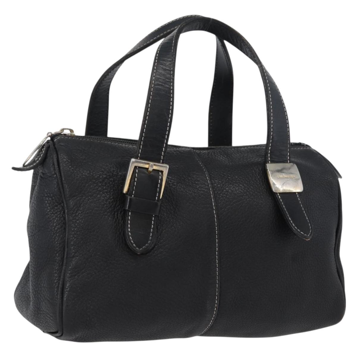 Burberrys Hand Bag Leather Black Gold Auth bs33429