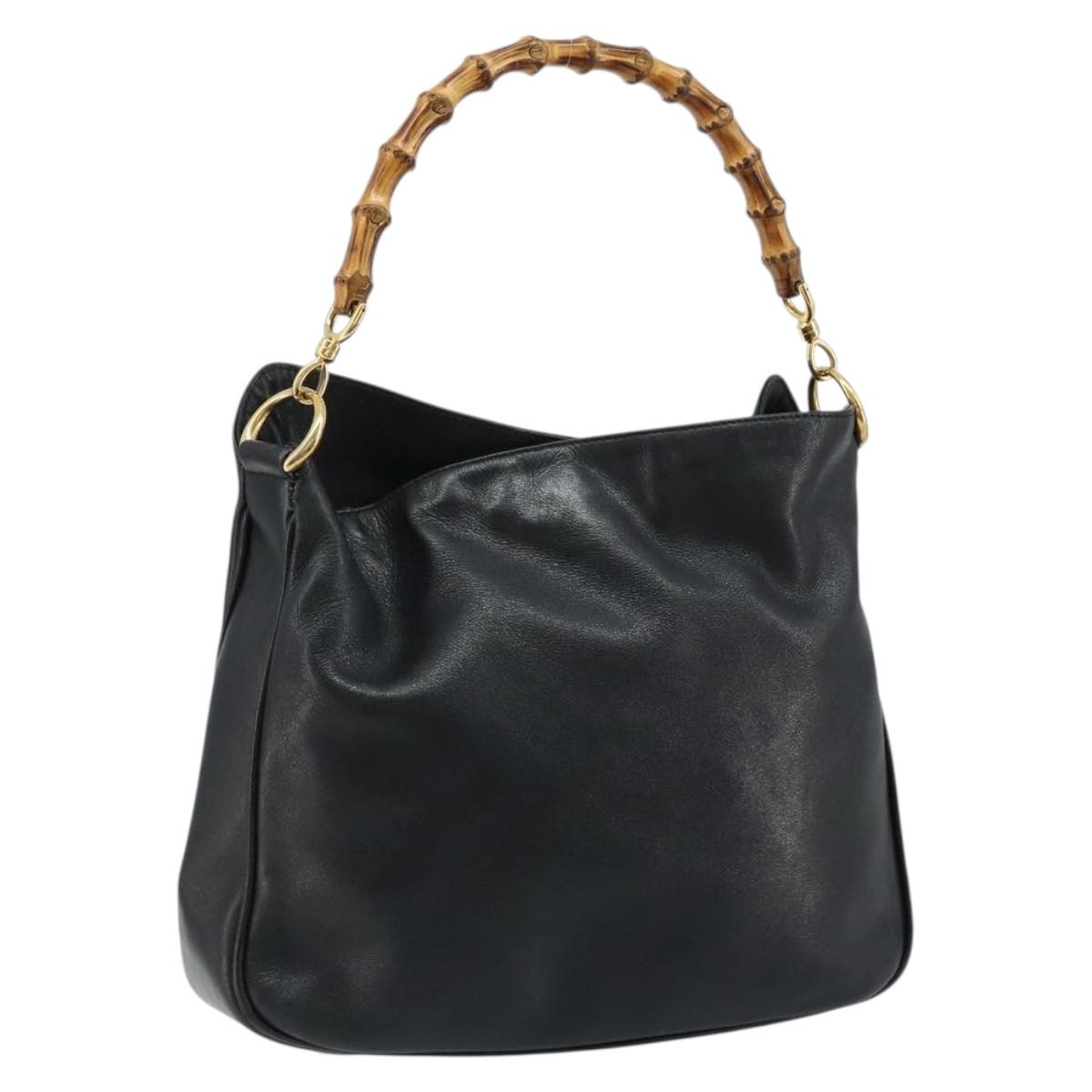 GUCCI Bamboo Hand Bag Leather Black Gold 001 1638 2615 Auth bs33440