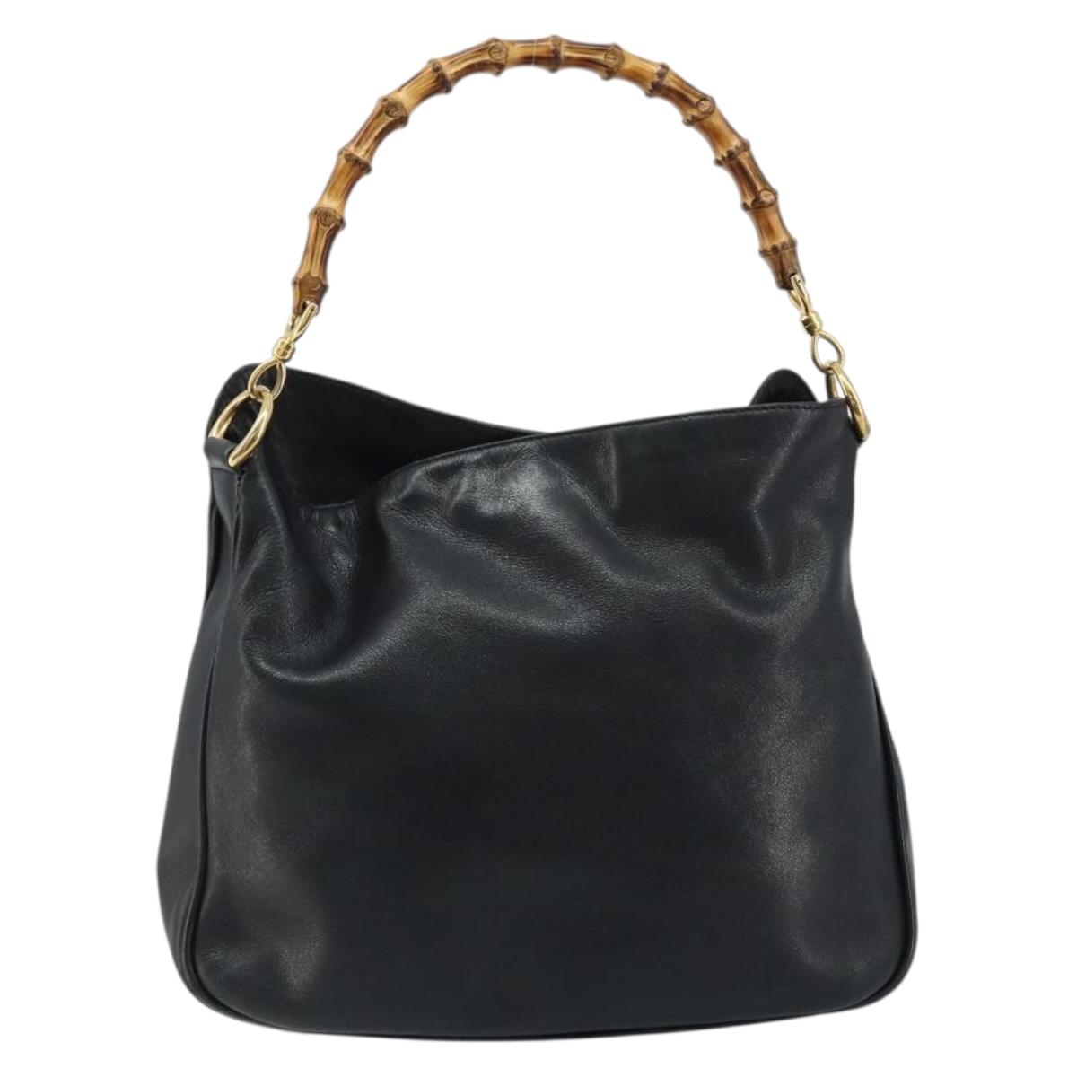 GUCCI Bamboo Hand Bag Leather Black Gold 001 1638 2615 Auth bs33440