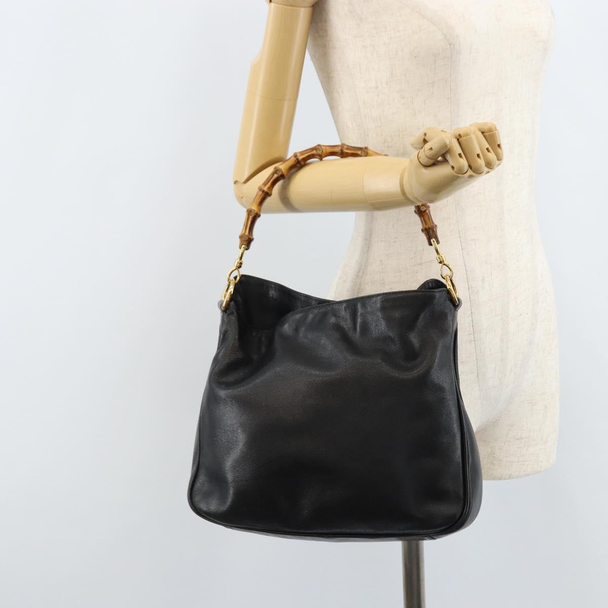 GUCCI Bamboo Hand Bag Leather Black Gold 001 1638 2615 Auth bs33440