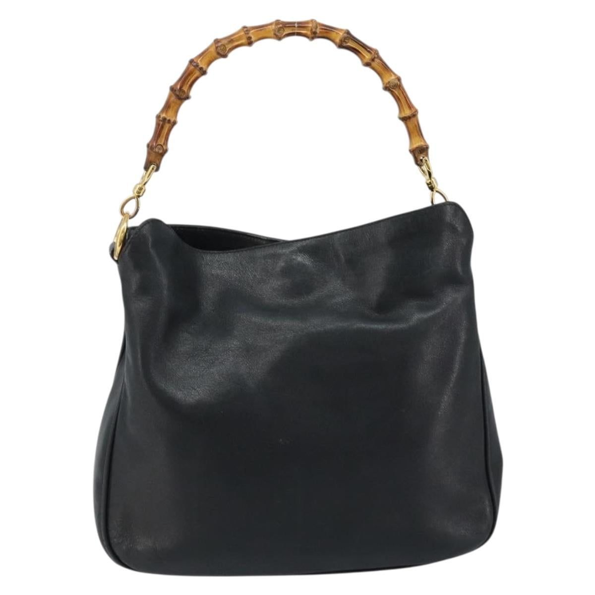 GUCCI Bamboo Hand Bag Leather Black Gold 001 1638 2615 Auth bs33440