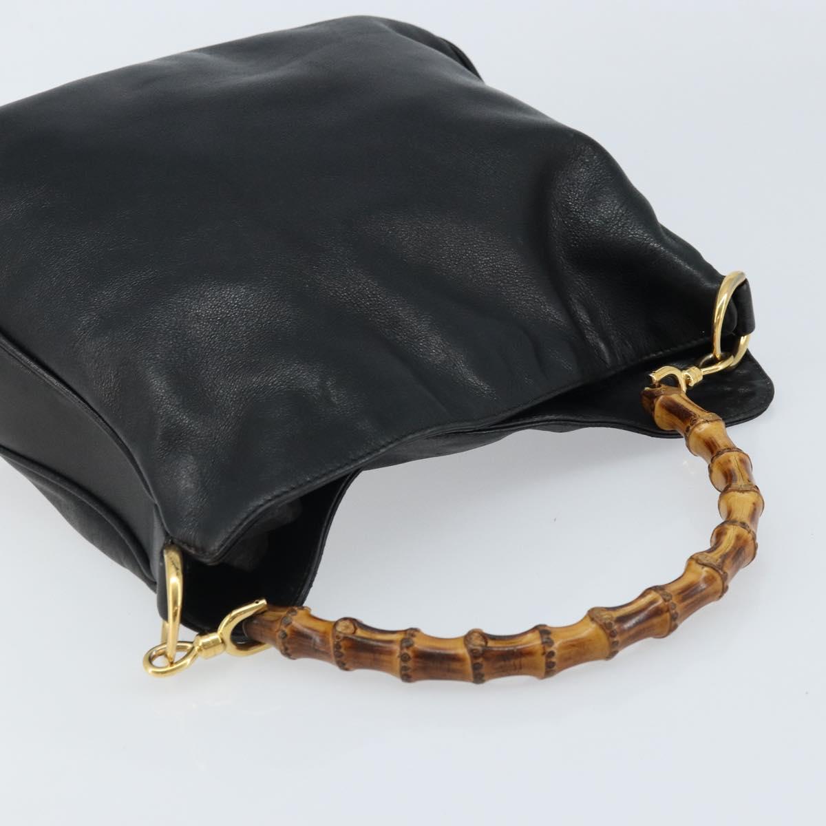 GUCCI Bamboo Hand Bag Leather Black Gold 001 1638 2615 Auth bs33440