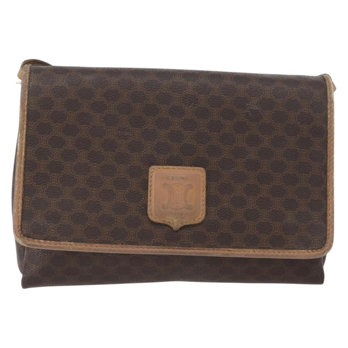 CELINE Macadam Canvas Shoulder Bag PVC Leather Brown Gold Auth bs33452
