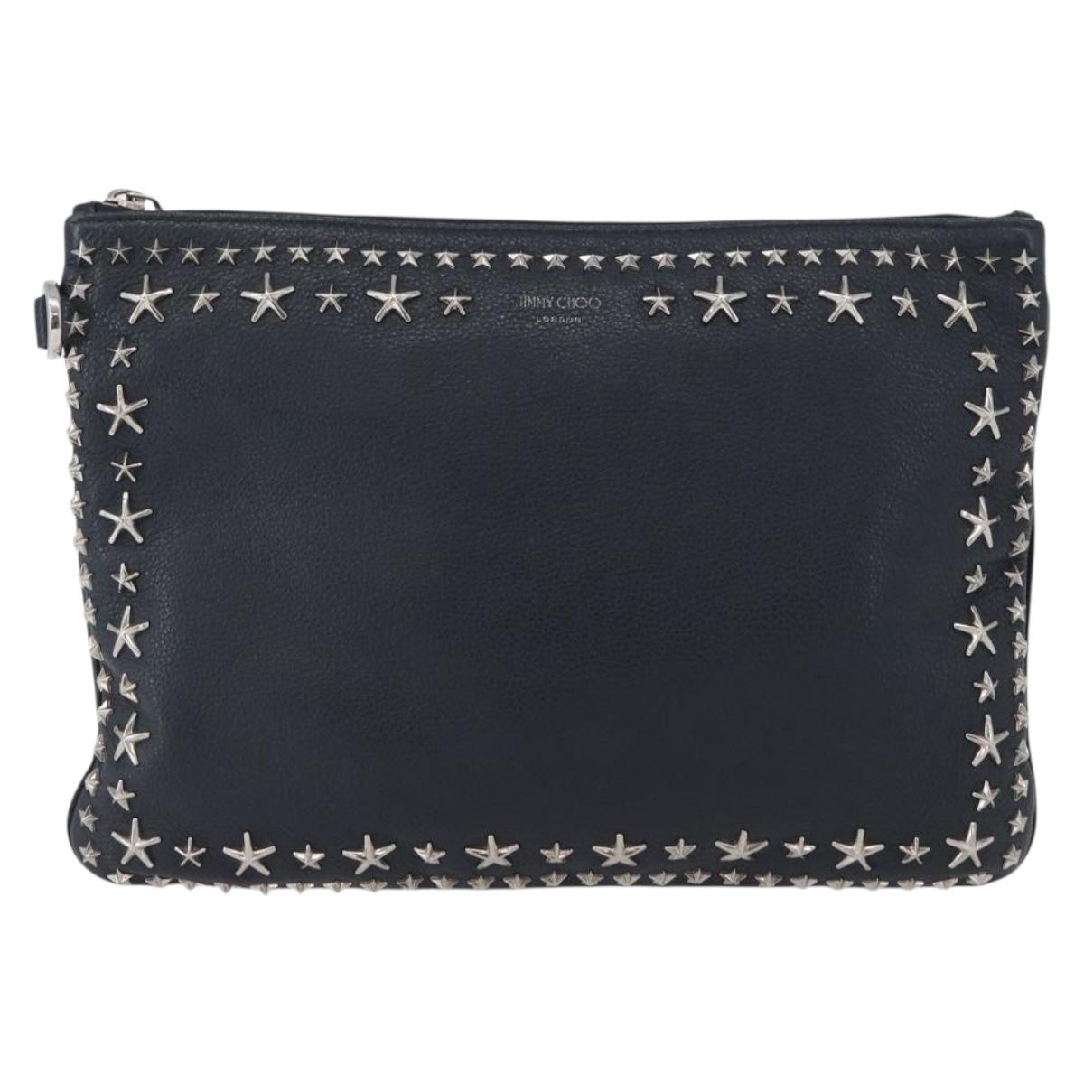 Jimmy Choo Pouch Leather Black Silver Auth bs33457