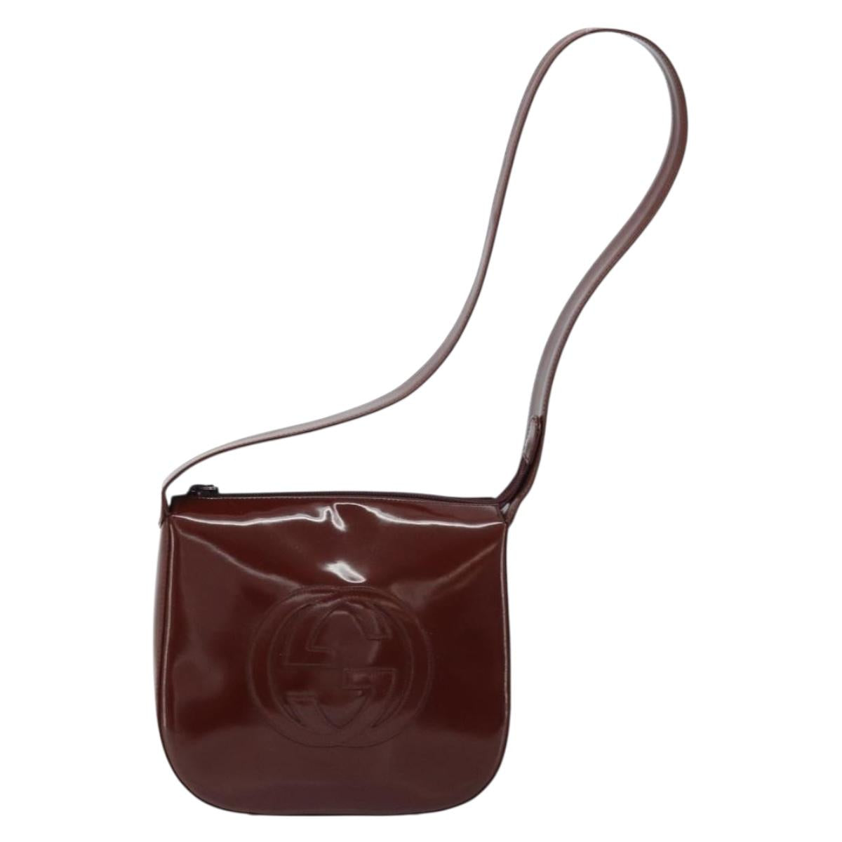 GUCCI Shoulder Bag Patent leather Brown Silver Auth bs33463
