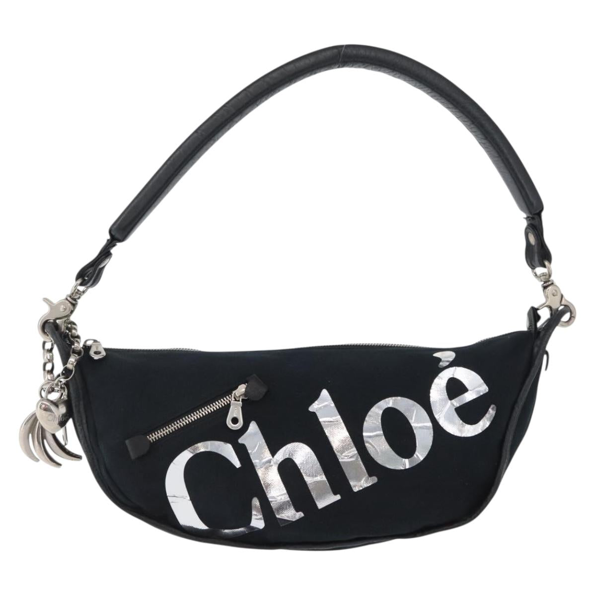 Chloe Shoulder Bag Canvas Black Silver Auth bs33468