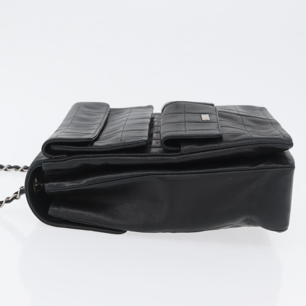 CHANEL Choco Bar Chain Shoulder Bag Lamb Skin Black Silver CC Auth bs33473