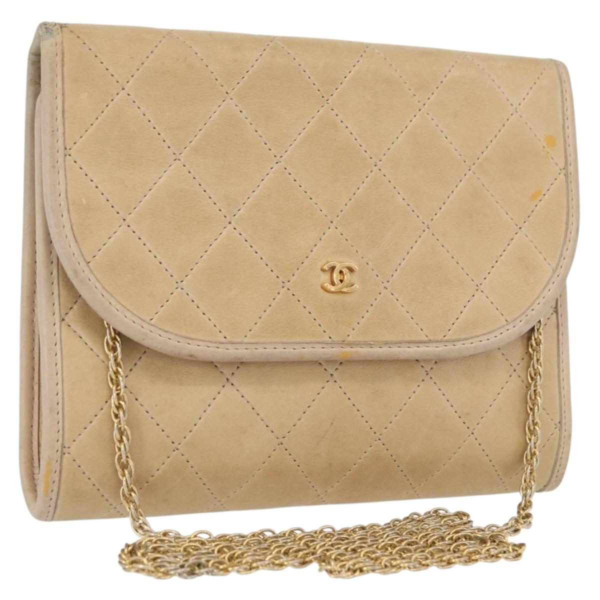 CHANEL Matelasse Chain Shoulder Bag Lamb Skin Beige Gold CC Auth bs33475