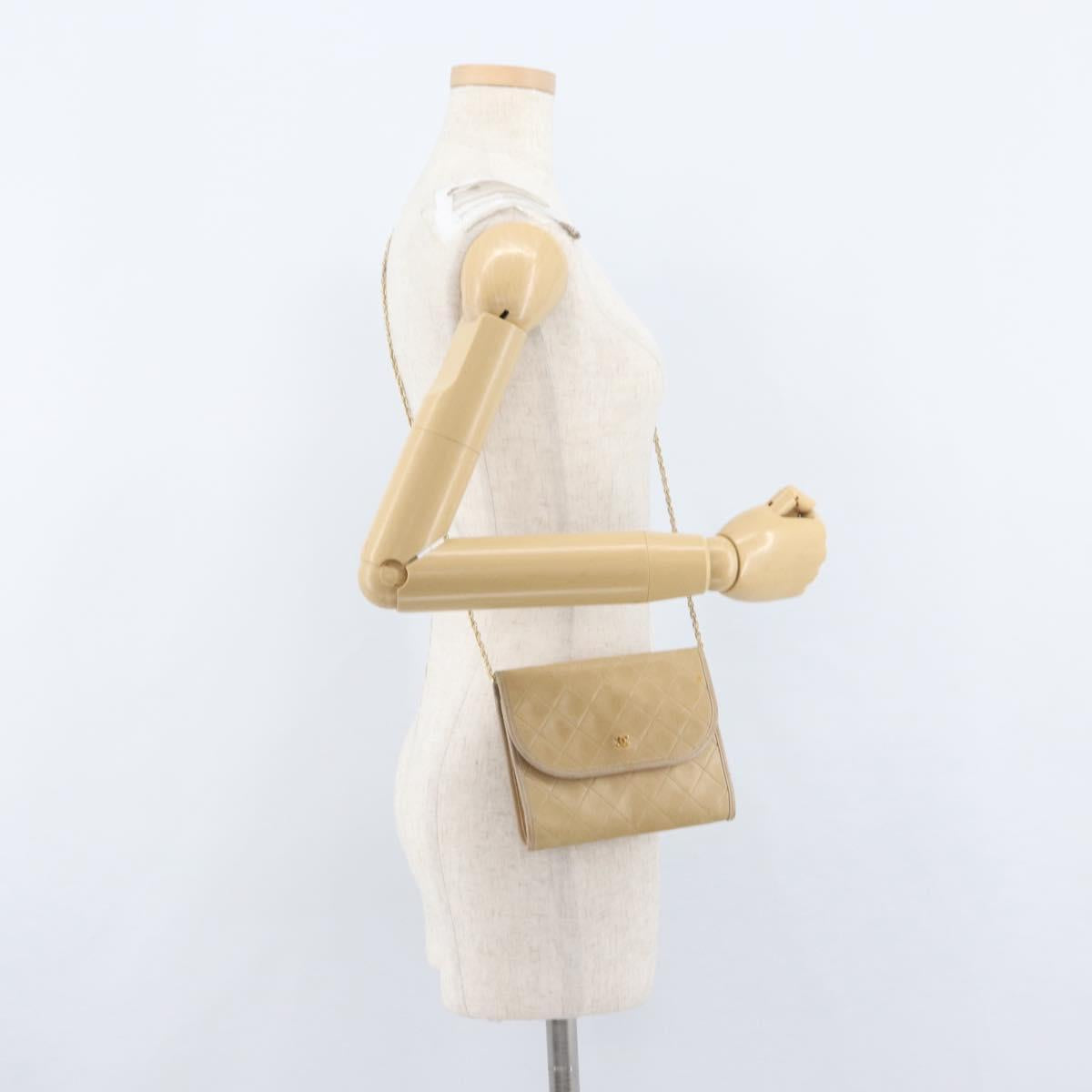 CHANEL Matelasse Chain Shoulder Bag Lamb Skin Beige Gold CC Auth bs33475