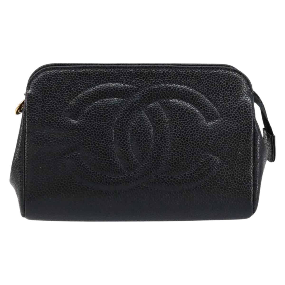 CHANEL Pouch Caviar Skin Black Gold CC Auth bs33477