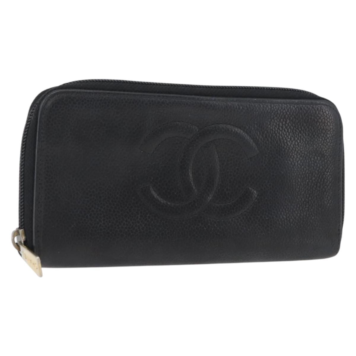 CHANEL Long Wallet Caviar Skin Black CC Auth bs33480