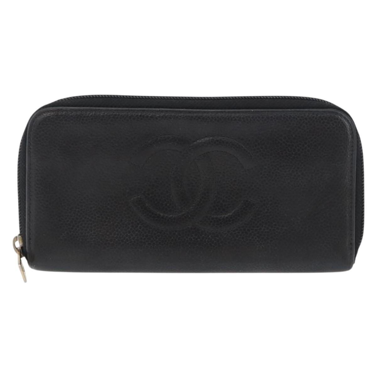 CHANEL Long Wallet Caviar Skin Black CC Auth bs33480