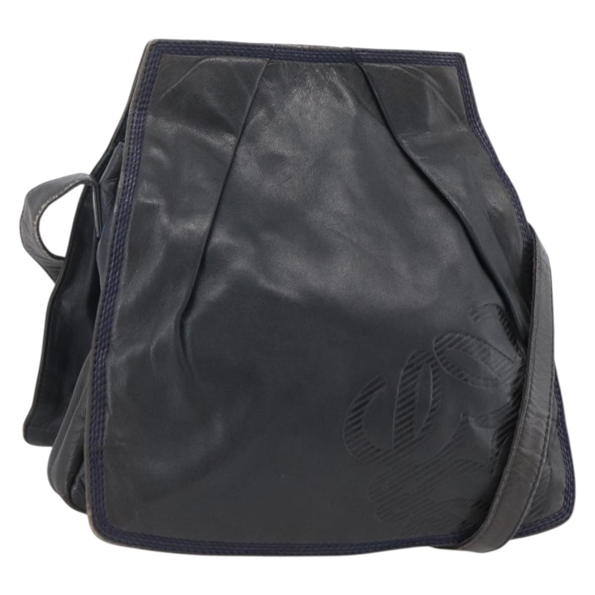 LOEWE Anagram Shoulder Bag Leather Navy Gold Auth bs33483