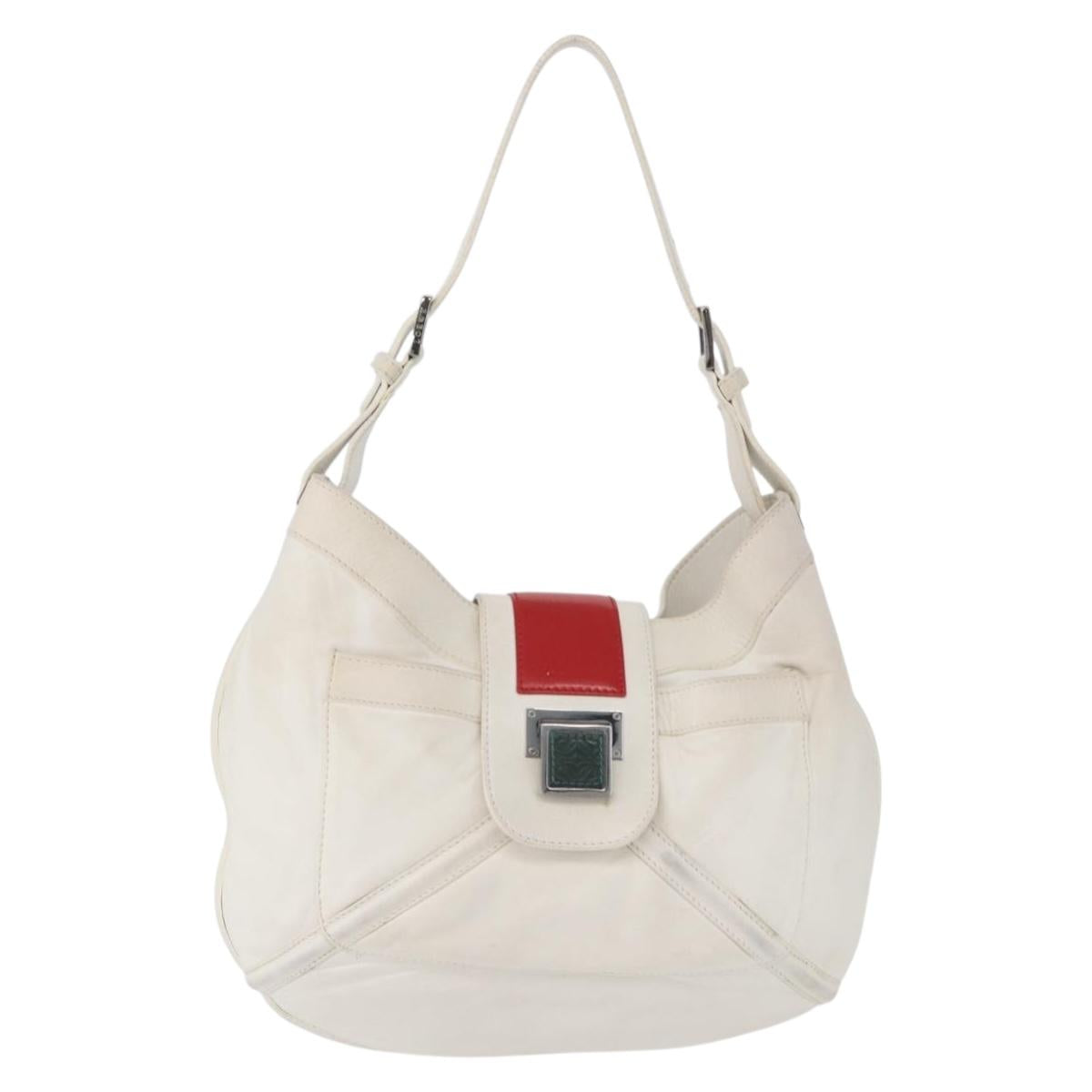 LOEWE Shoulder Bag Leather White Silver Auth bs33492