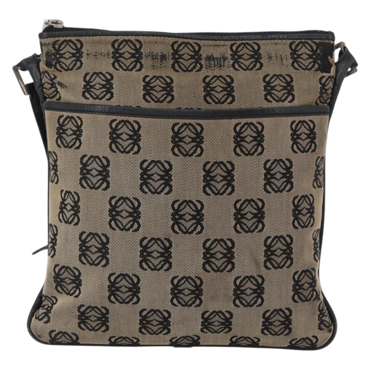 LOEWE Anagram Shoulder Bag Canvas Beige Silver Auth bs33493