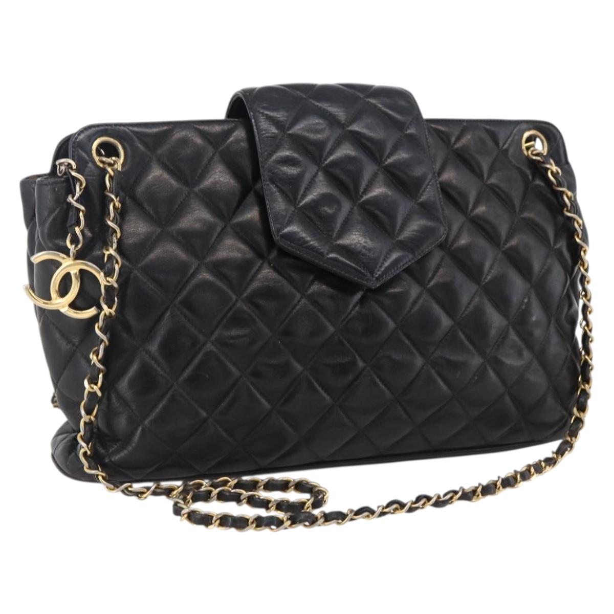 CHANEL Matelasse Chain Shoulder Bag Lamb Skin Black Gold CC Auth bs33508