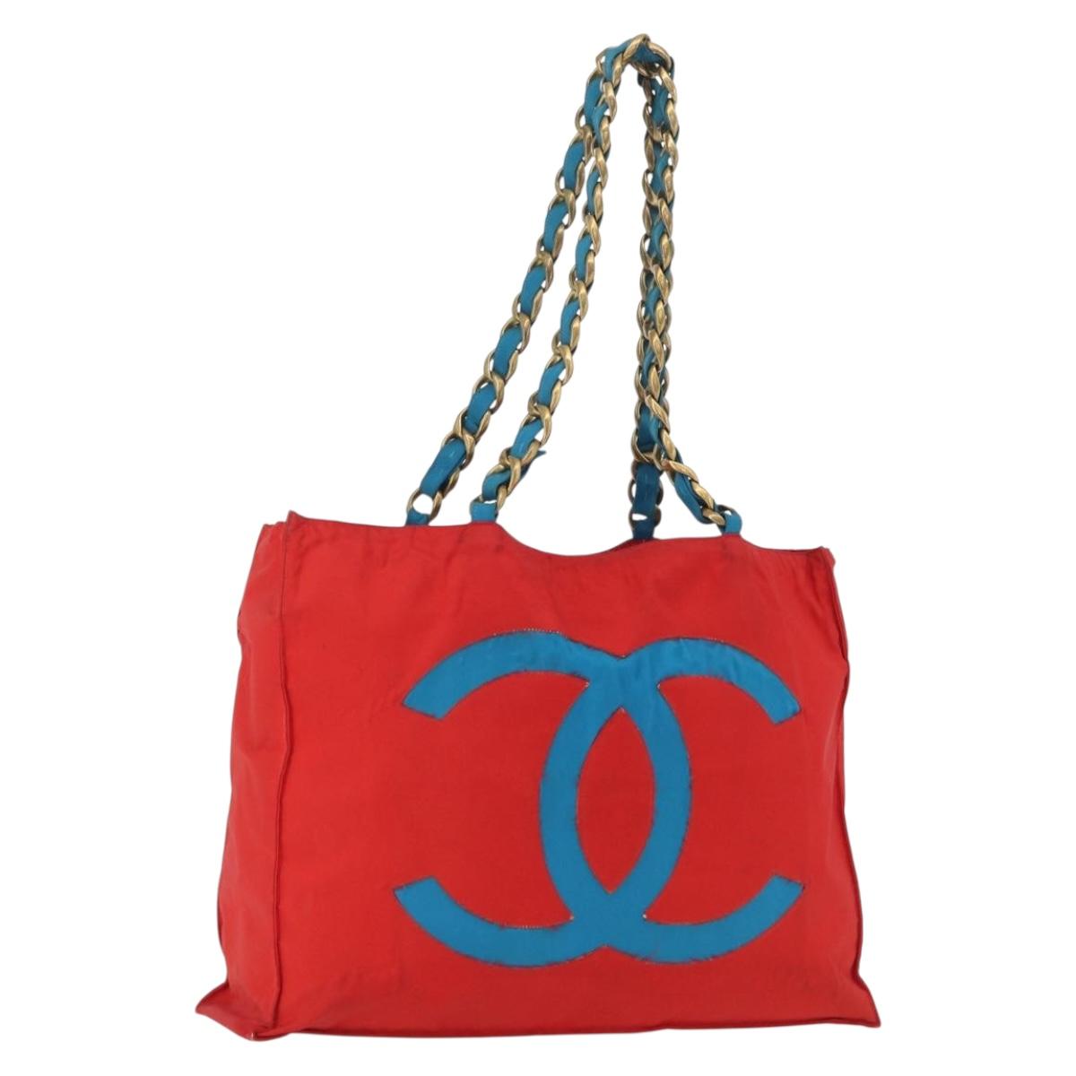 CHANEL Chain Tote Bag Canvas Red Gold CC Auth bs33510