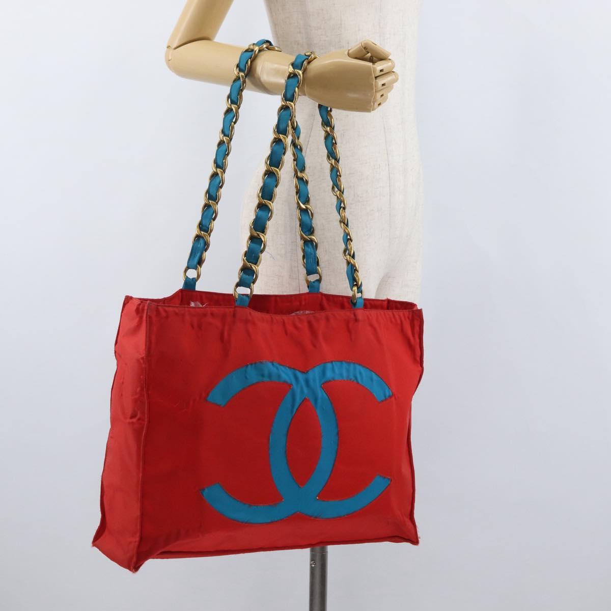 CHANEL Chain Tote Bag Canvas Red Gold CC Auth bs33510