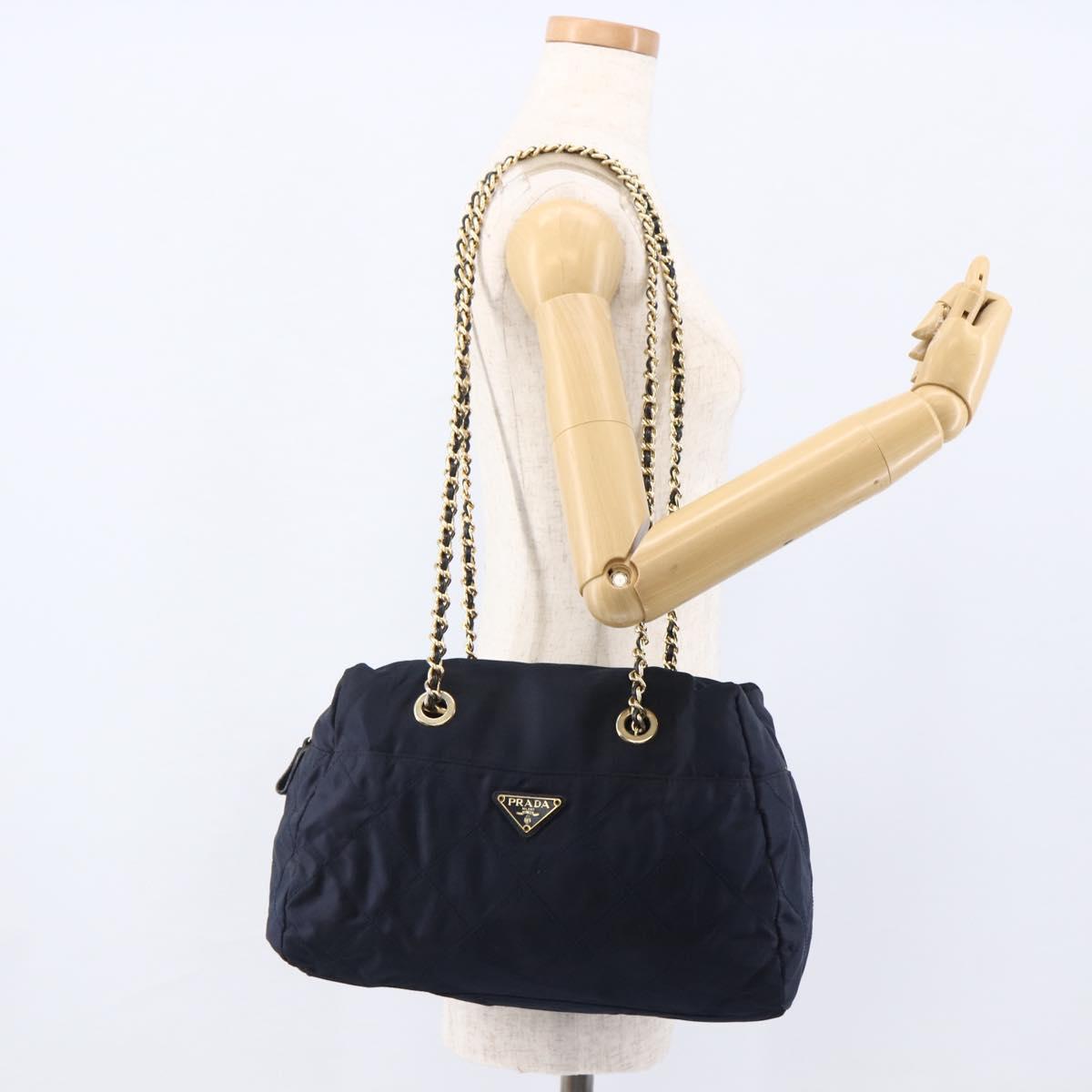 PRADA Chain Shoulder Bag Nylon Navy Gold Auth bs33521