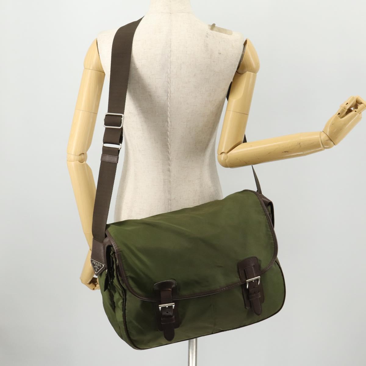 PRADA Shoulder Bag Nylon Silver Khaki Auth bs33524