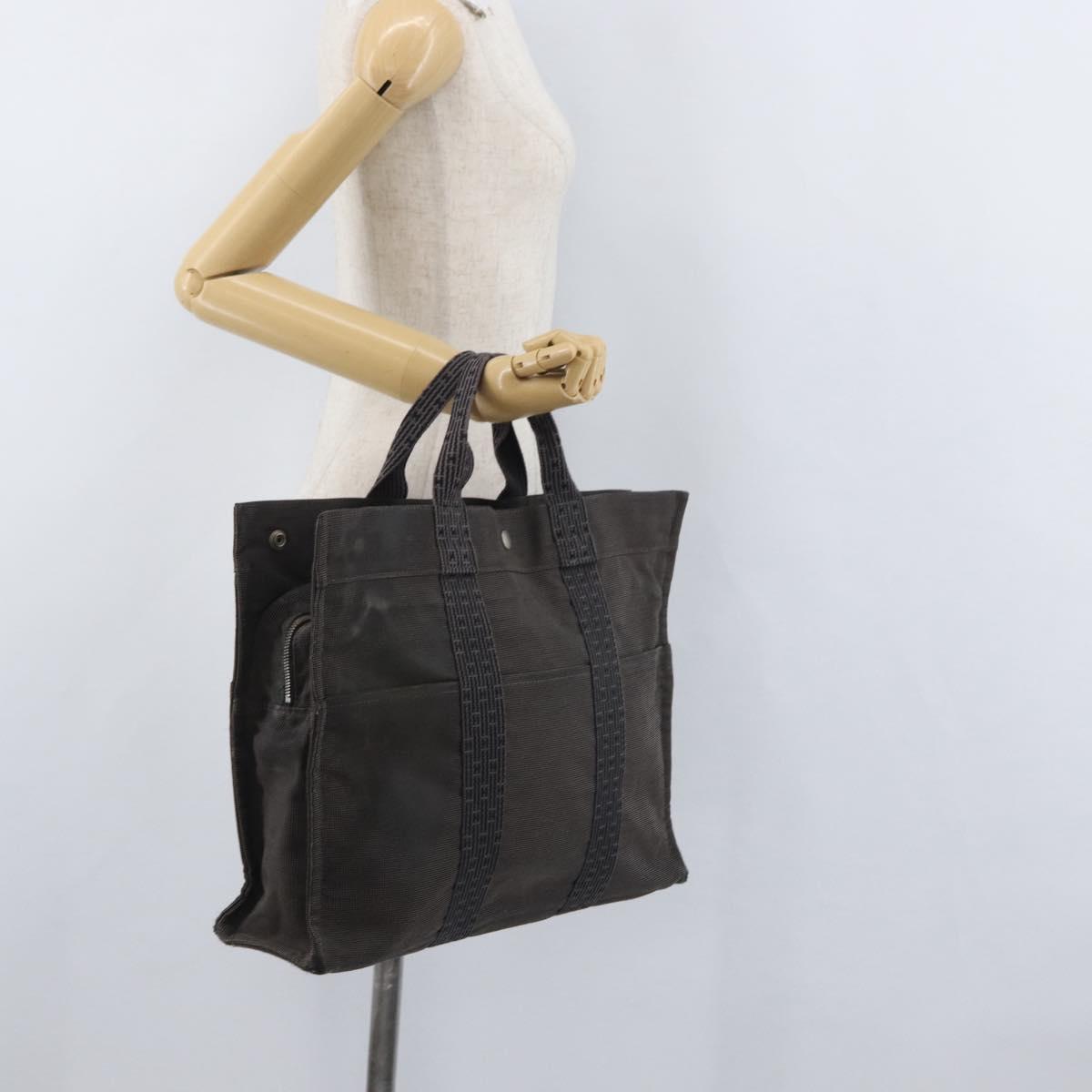HERMES Her Line Tote MM Hand Bag Canvas Gray Silver Auth bs33537