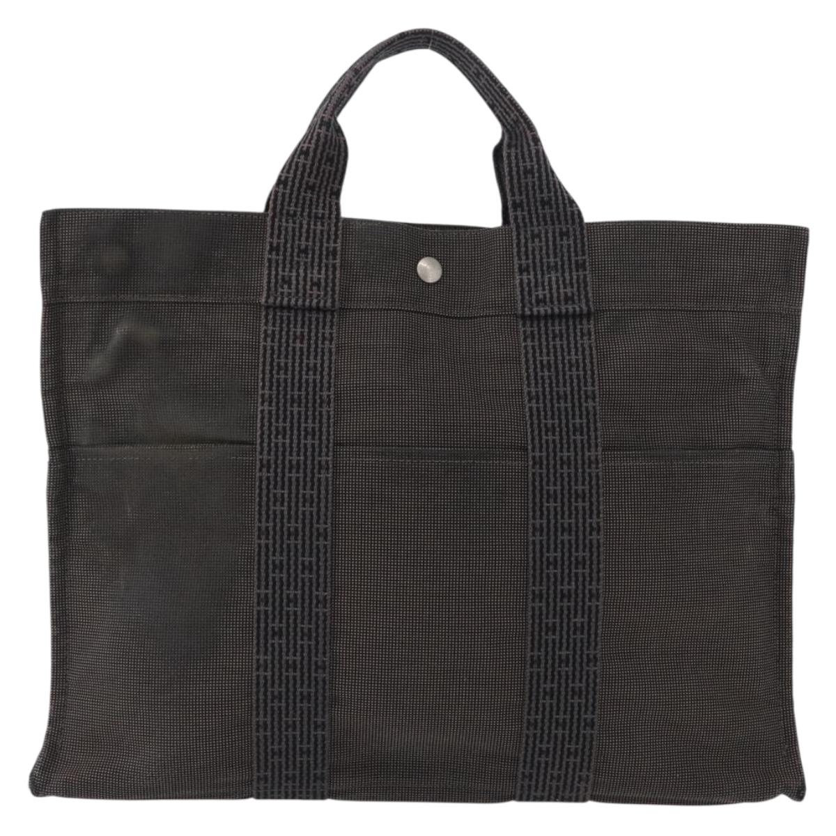 HERMES Her Line Tote MM Hand Bag Canvas Gray Silver Auth bs33537
