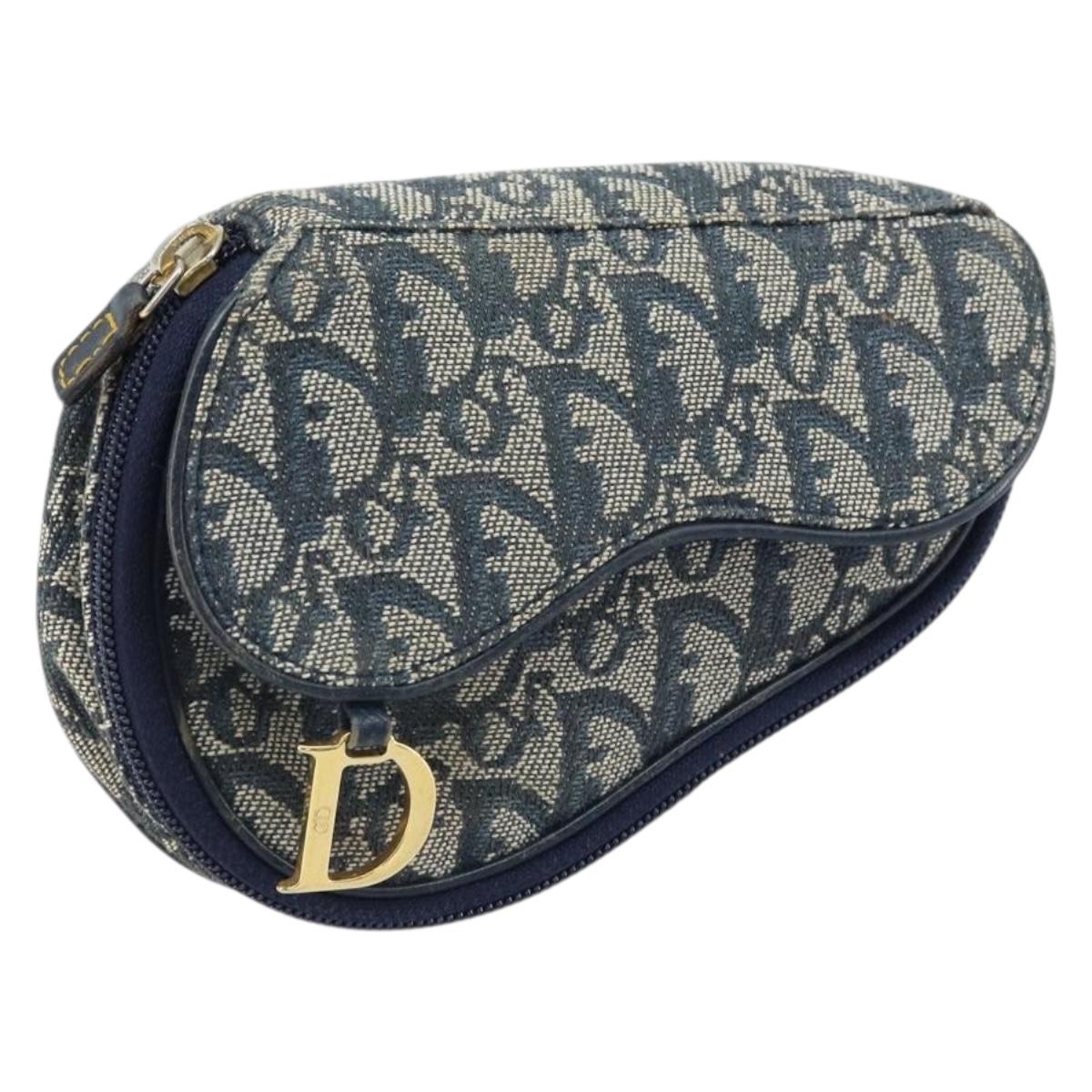 Christian Dior Trotter Canvas Saddle Pouch Navy Silver Auth bs33549