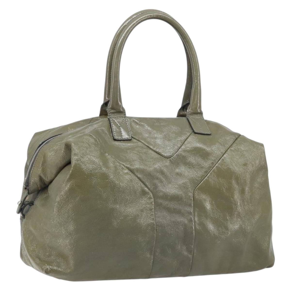SAINT LAURENT Hand Bag Patent leather Khaki Silver 208314 Auth bs33552