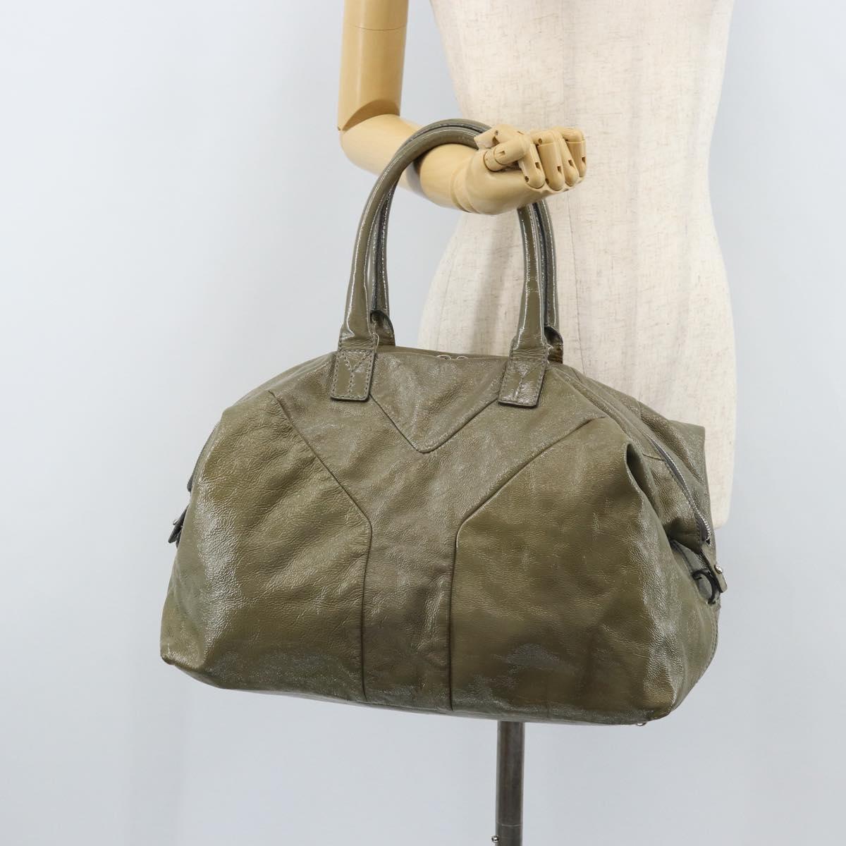 SAINT LAURENT Hand Bag Patent leather Khaki Silver 208314 Auth bs33552