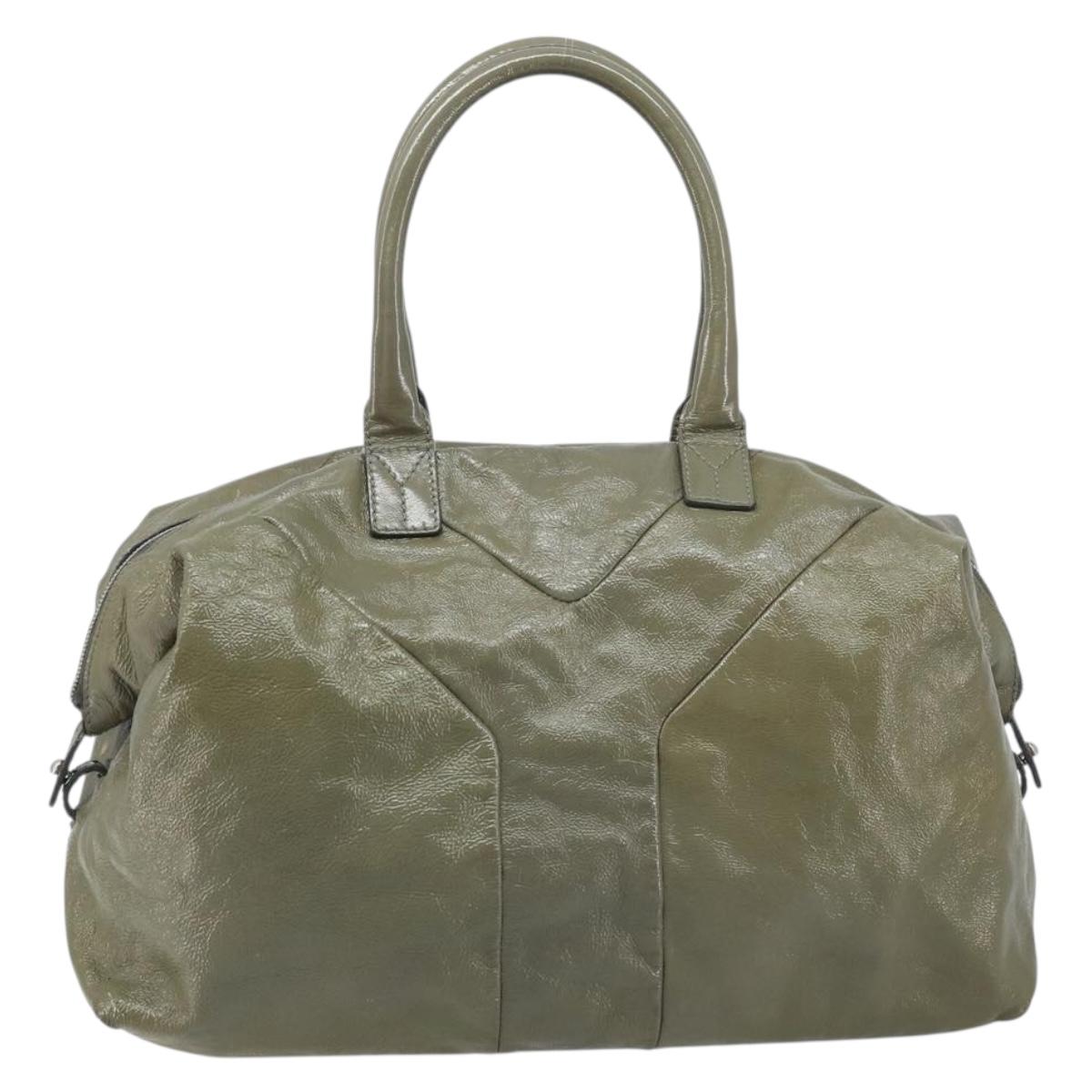 SAINT LAURENT Hand Bag Patent leather Khaki Silver 208314 Auth bs33552