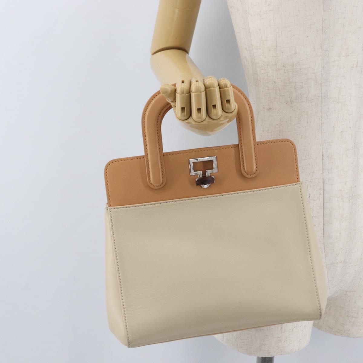 CARTIER Hand Bag Leather Beige Silver Auth bs33554