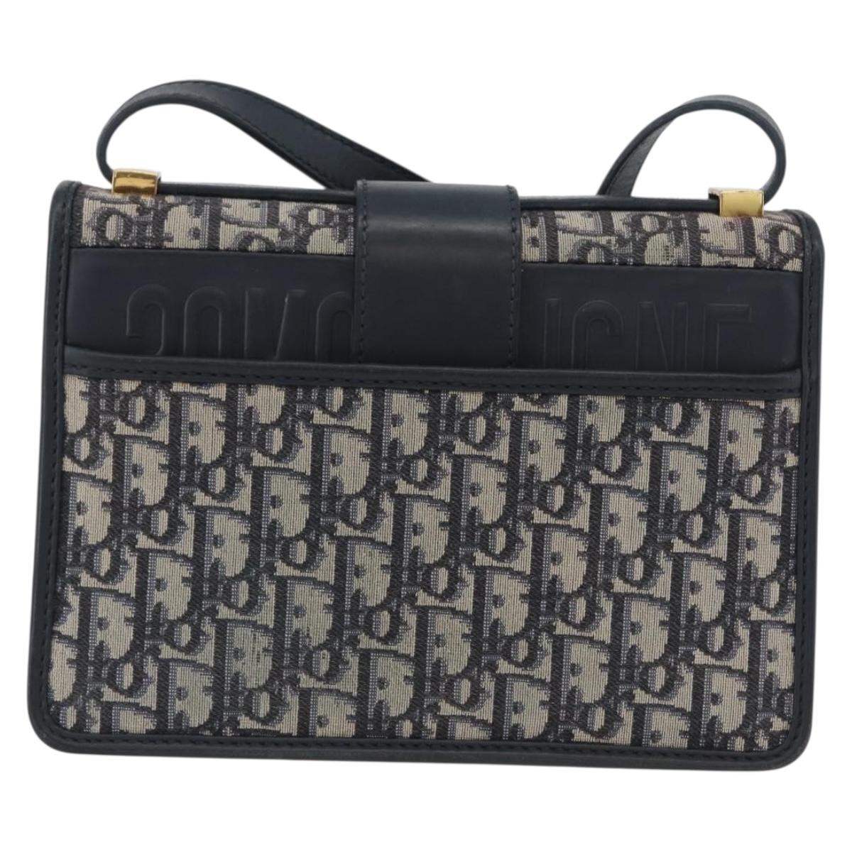 Christian Dior Trotter Canvas Oblique Shoulder Bag Navy Gold Auth bs33570