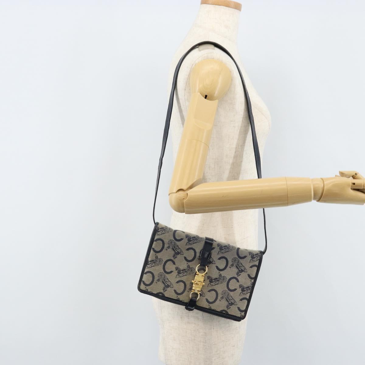 CELINE C Macadam Canvas Shoulder Bag Navy Gold Auth bs33582