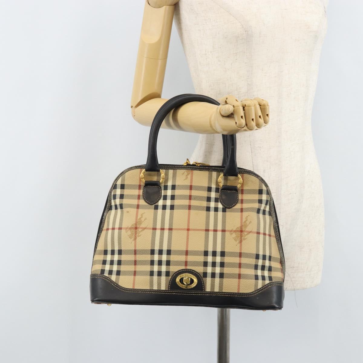 Burberrys Nova Check Hand Bag PVC Beige Gold Auth bs33587