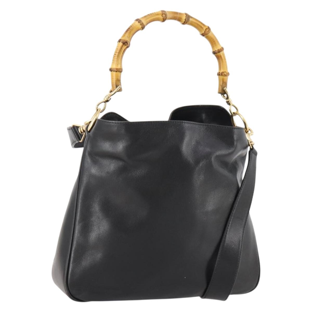GUCCI Bamboo Hand Bag Leather 2way Black Gold 001 1705 1638 Auth bs33593