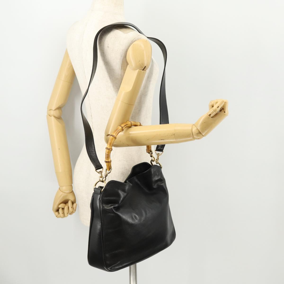 GUCCI Bamboo Hand Bag Leather 2way Black Gold 001 1705 1638 Auth bs33593