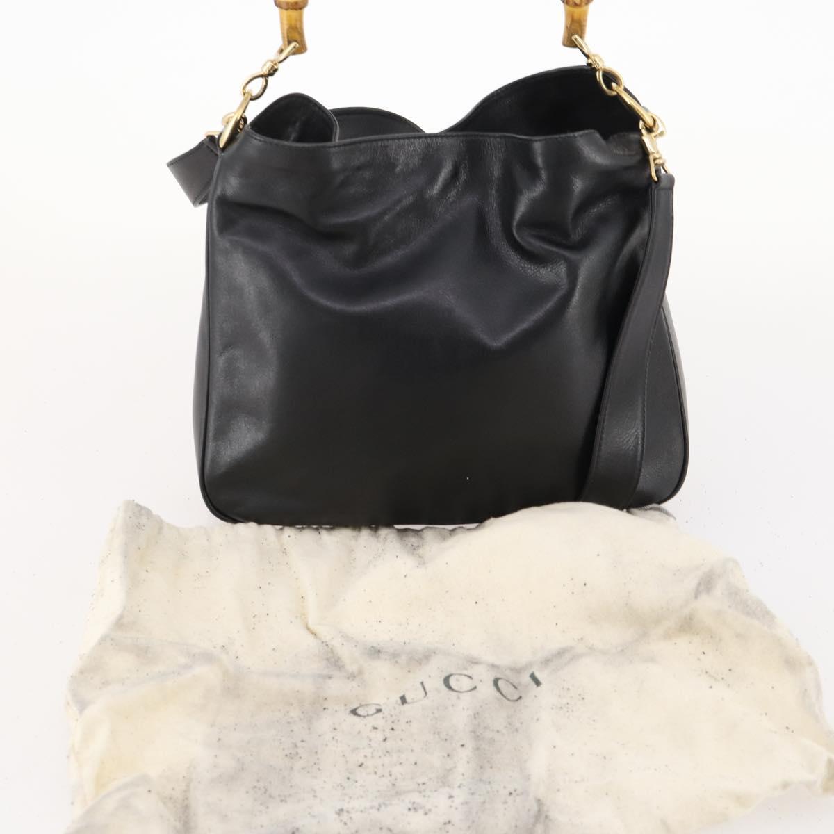 GUCCI Bamboo Hand Bag Leather 2way Black Gold 001 1705 1638 Auth bs33593