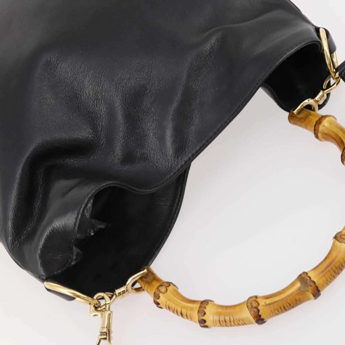 GUCCI Bamboo Hand Bag Leather 2way Black Gold 001 1705 1638 Auth bs33593