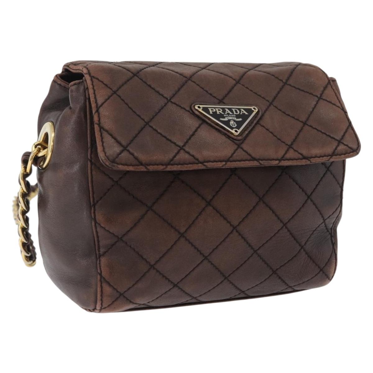 PRADA Chain Shoulder Bag Leather Brown Gold Auth bs33596