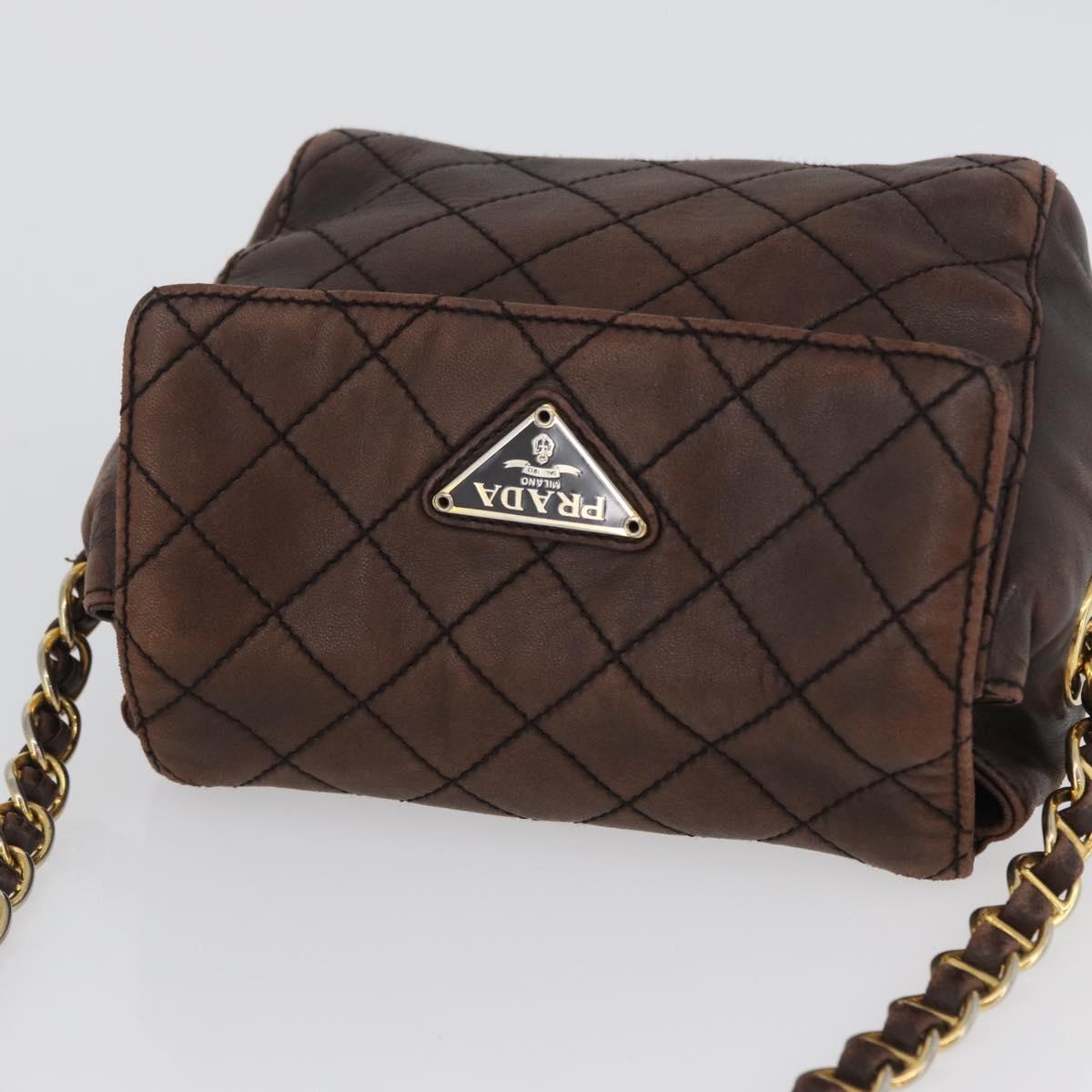 PRADA Chain Shoulder Bag Leather Brown Gold Auth bs33596