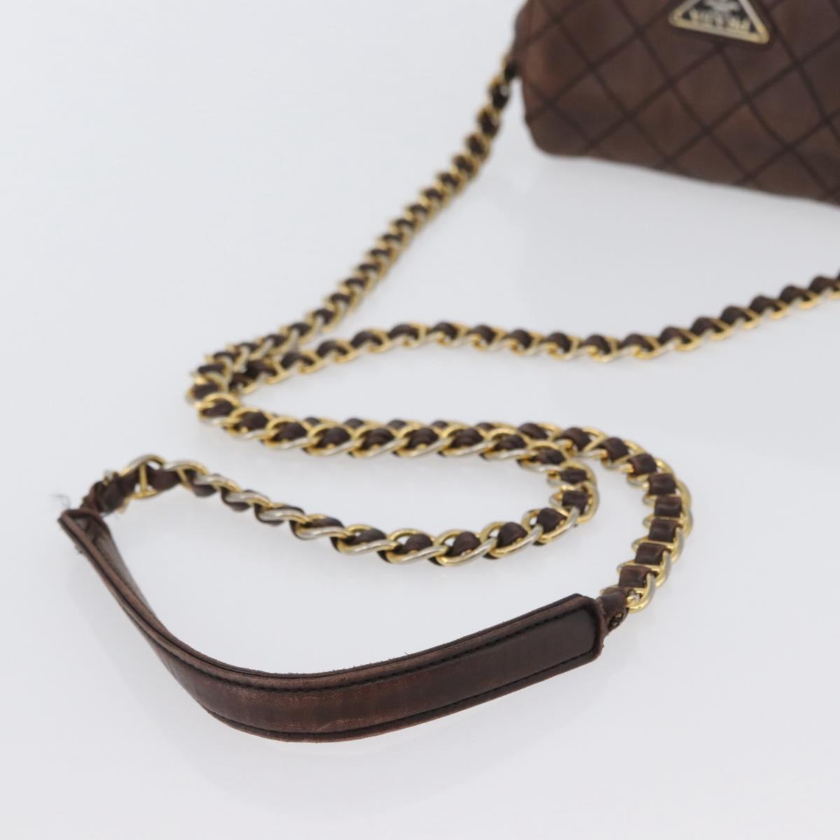 PRADA Chain Shoulder Bag Leather Brown Gold Auth bs33596
