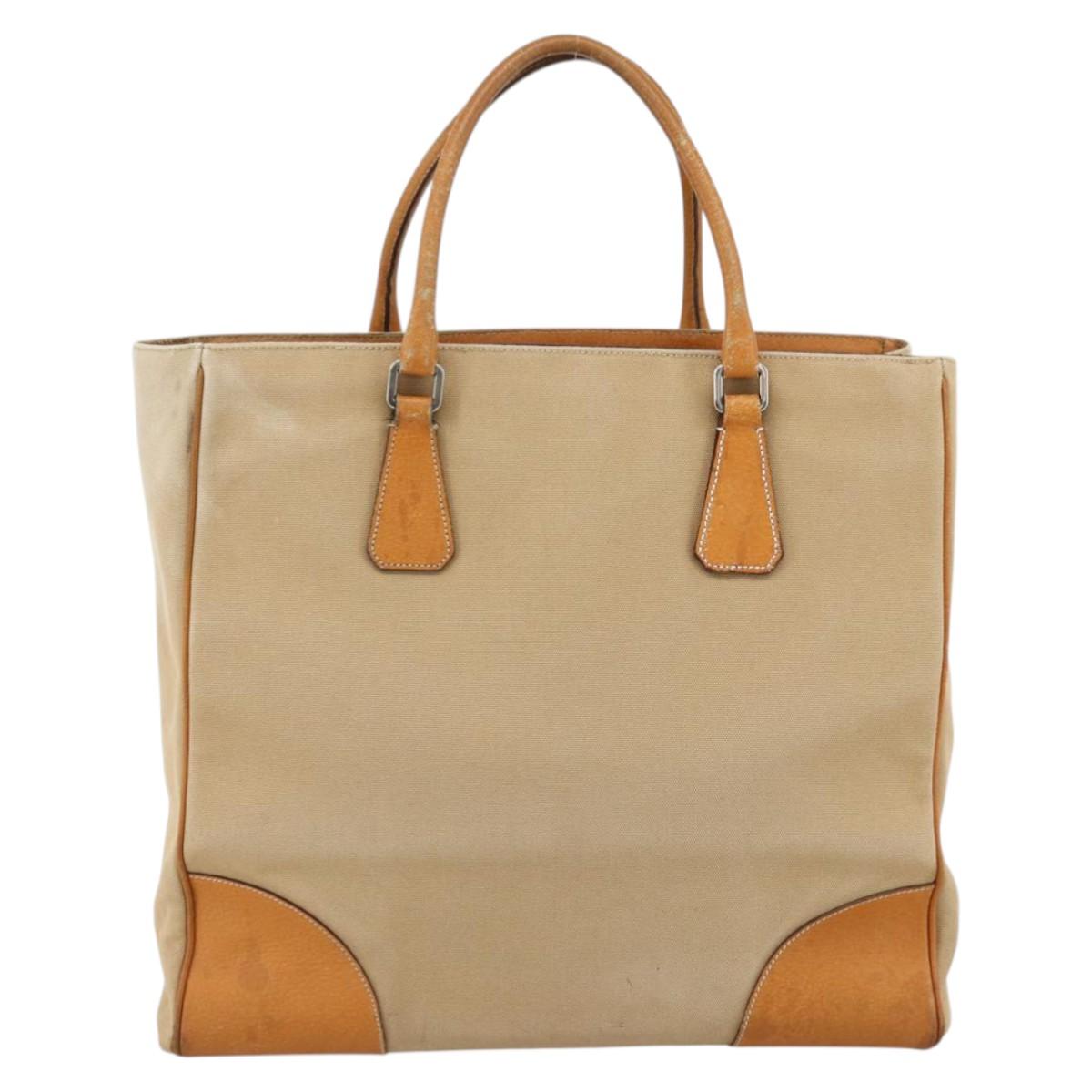 PRADA Hand Bag Canvas Beige Silver Auth bs33611