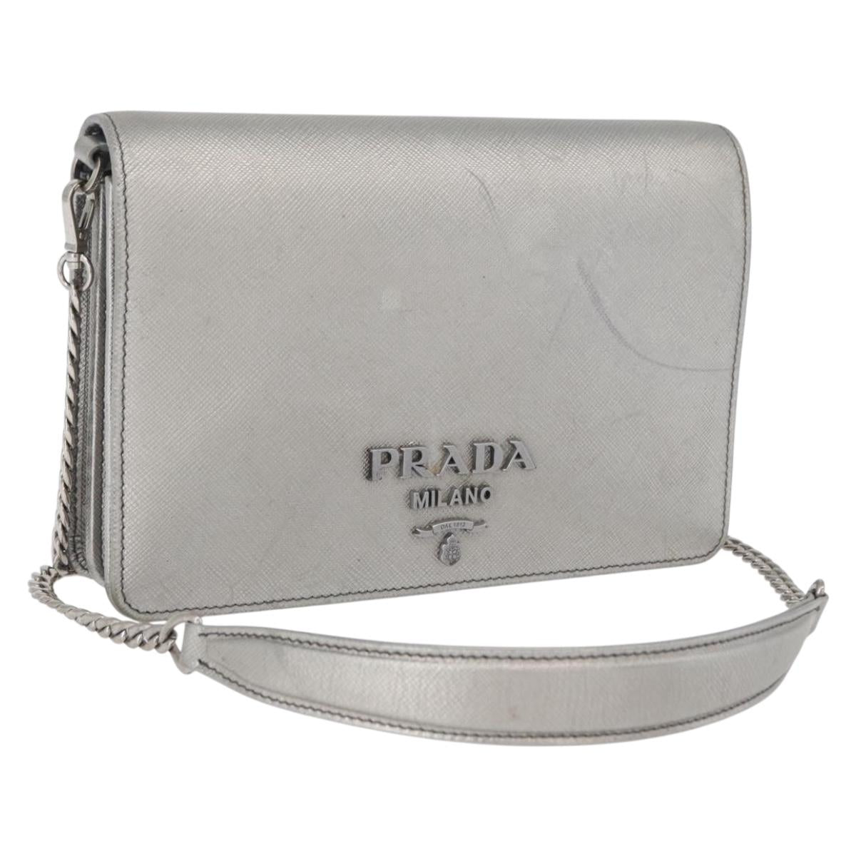 PRADA Chain Shoulder Bag Safiano leather Silver Auth bs33612