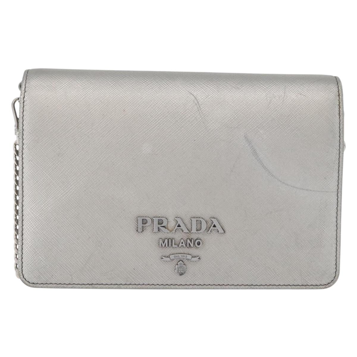 PRADA Chain Shoulder Bag Safiano leather Silver Auth bs33612