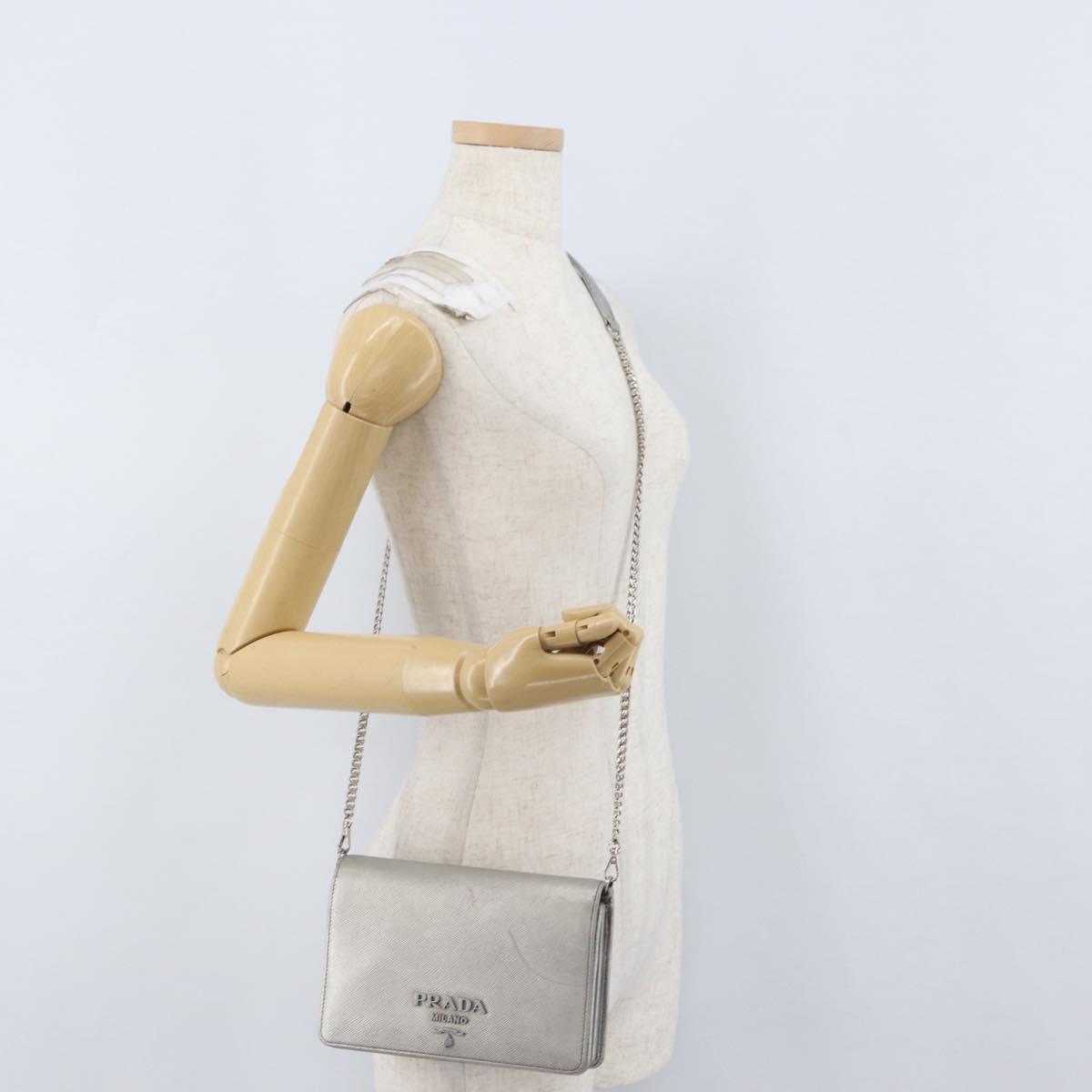 PRADA Chain Shoulder Bag Safiano leather Silver Auth bs33612