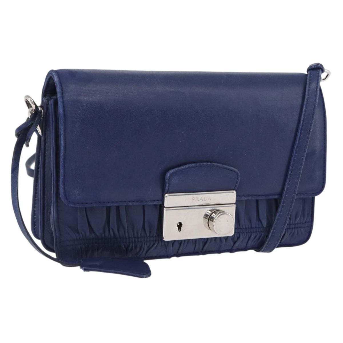 PRADA Shoulder Bag Leather Blue Silver Auth bs33613