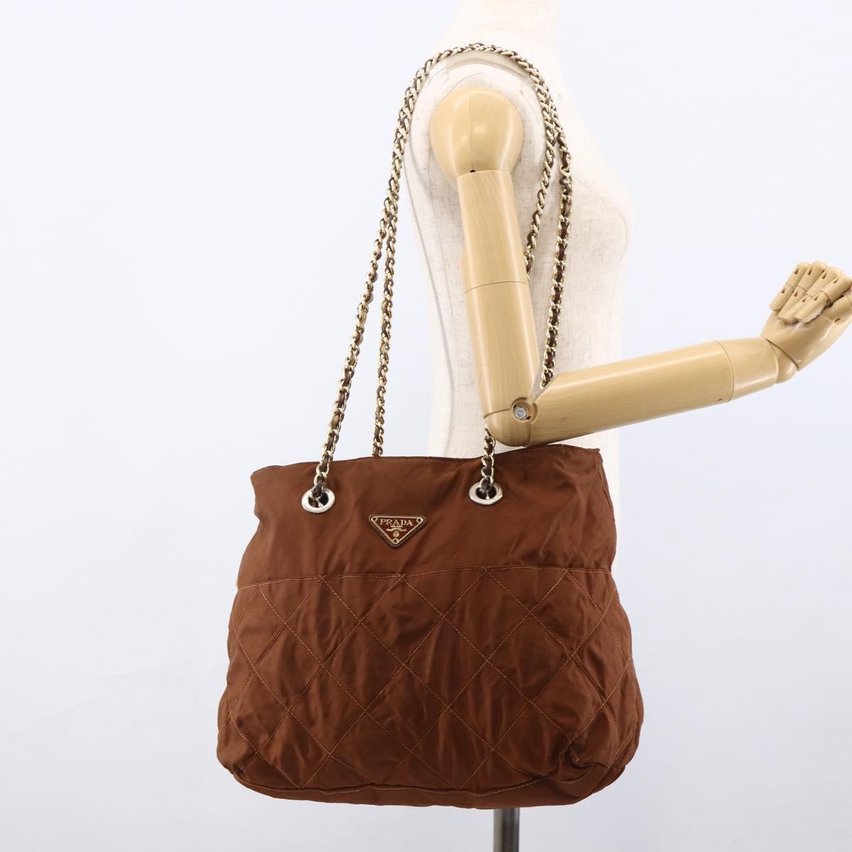 PRADA Chain Shoulder Bag Nylon Brown Gold Auth bs33615
