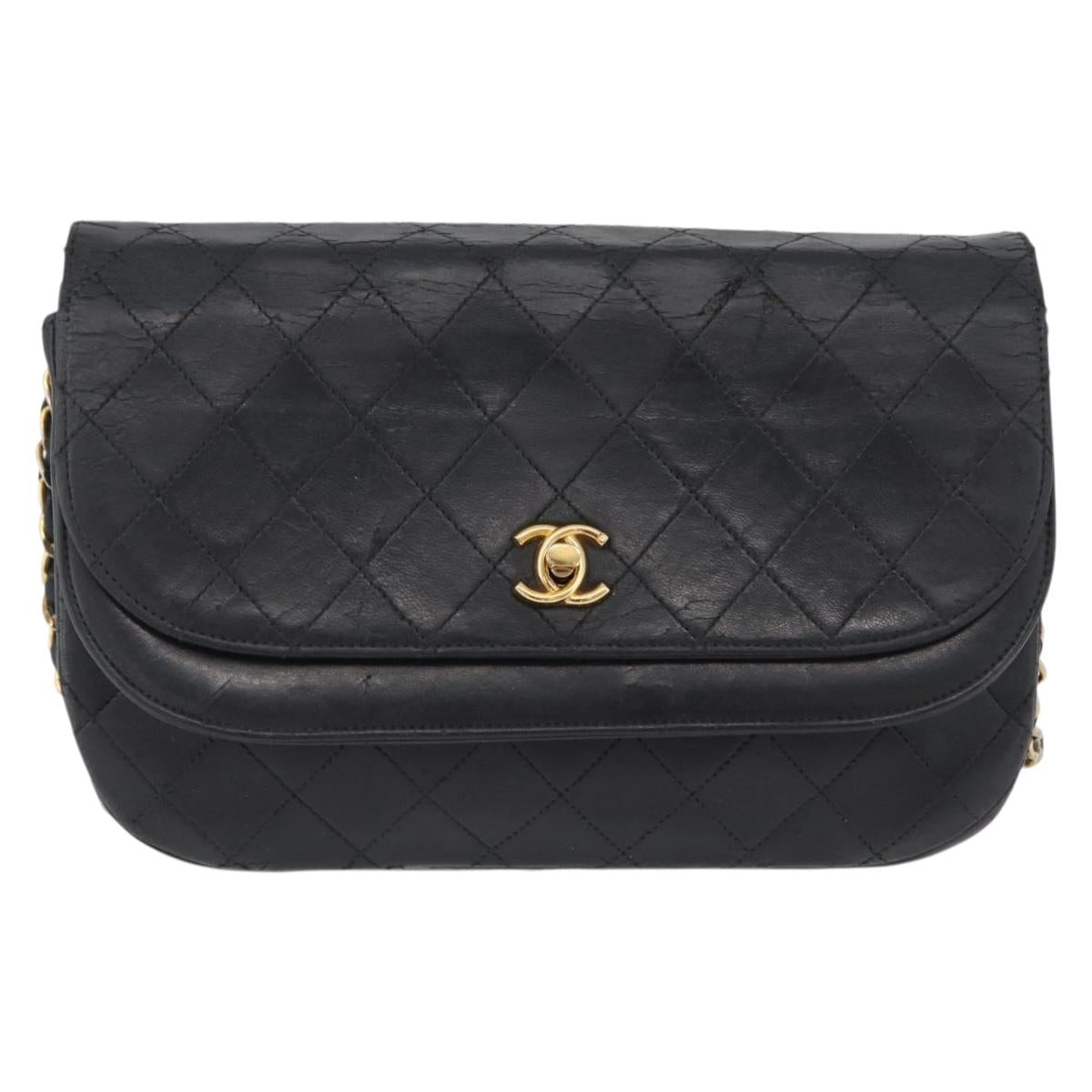 CHANEL Matelasse Chain Shoulder Bag Lamb Skin Black Gold CC Auth bs33642