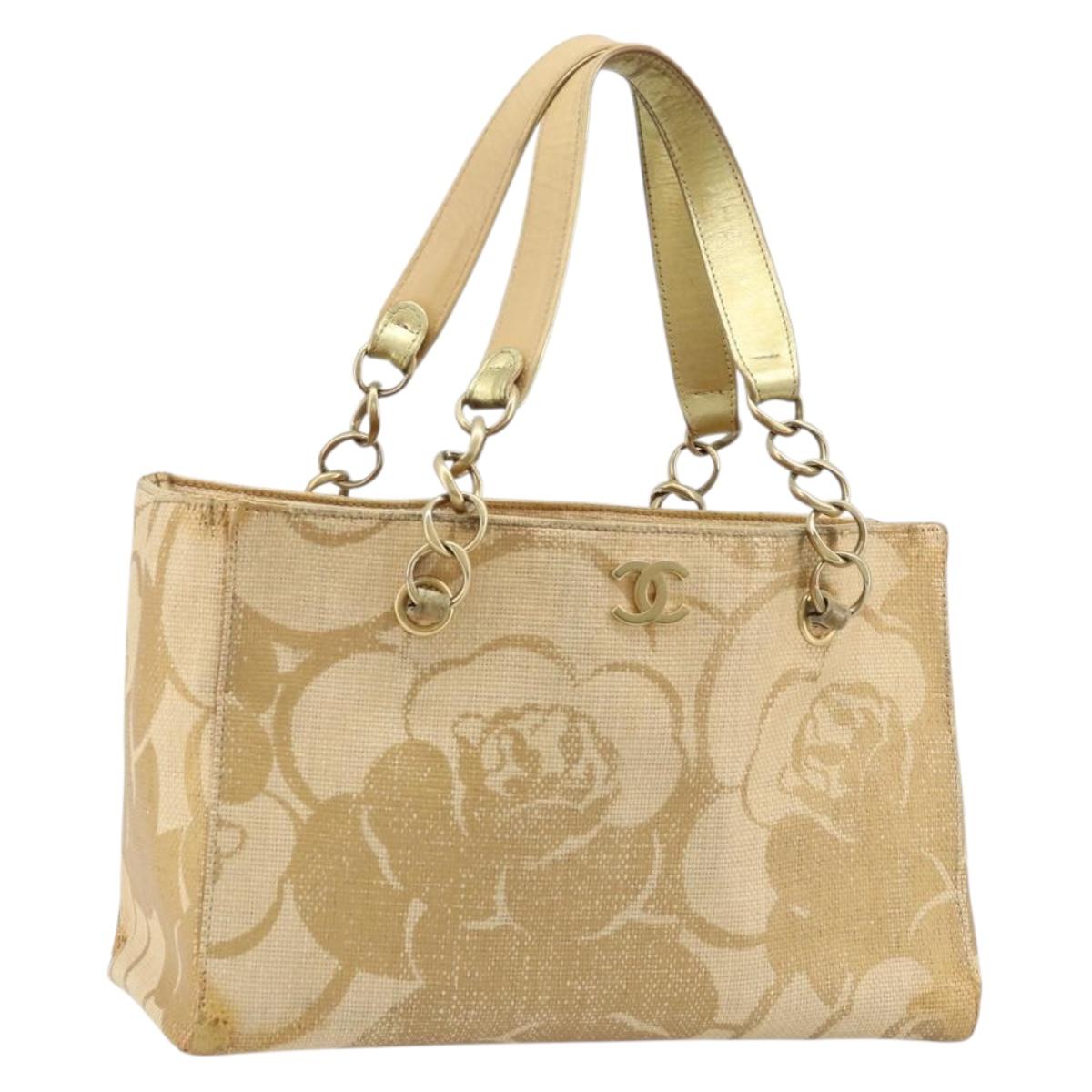 CHANEL Tote Bag Straw Beige Gold CC Auth bs33645